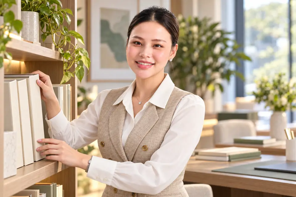 Hương Ly mặc áo ghi lê linen, khuôn mặt xoay trái khi sắp ba tập hồ sơ