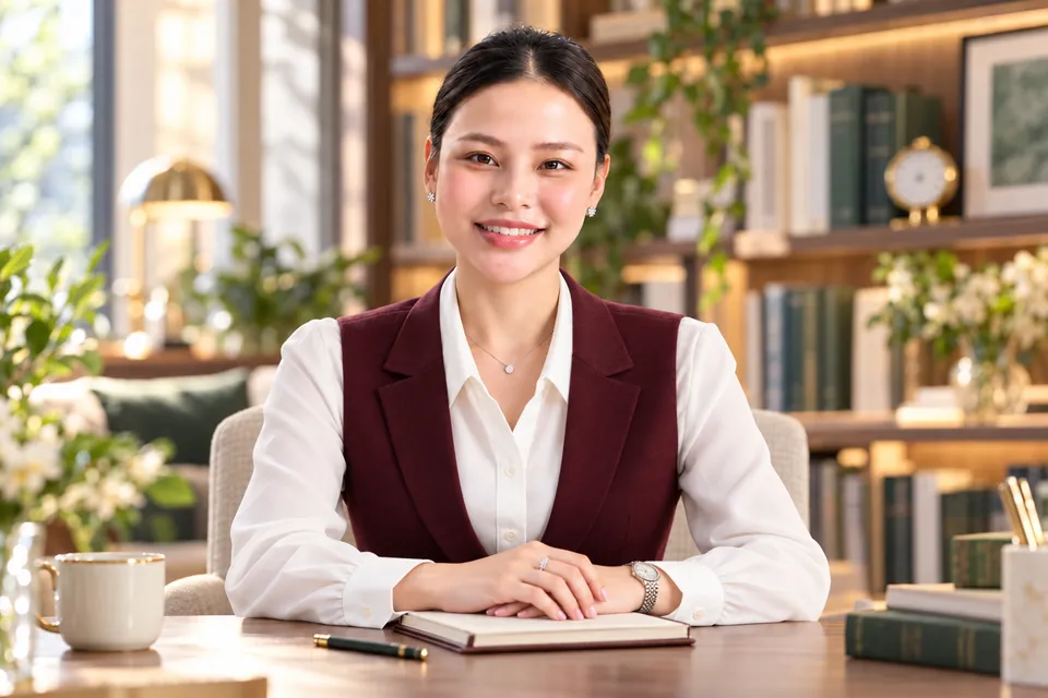 Hương Ly mặc áo ghi lê đỏ trầm, góc chính diện đầu thẳng bên cuốn sổ