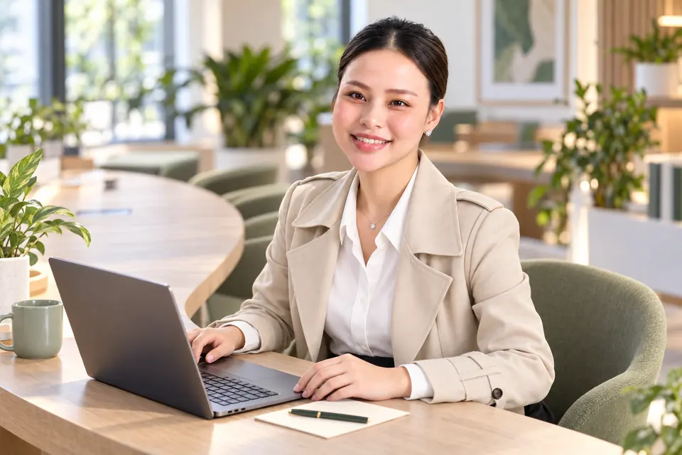 Hương Ly mặc áo khoác be, góc máy cao nhẹ khi soạn câu hỏi bên laptop