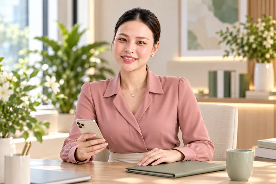 Hương Ly mặc áo hồng trầm, góc mặt hướng trái nhẹ khi kiểm tra điện thoại