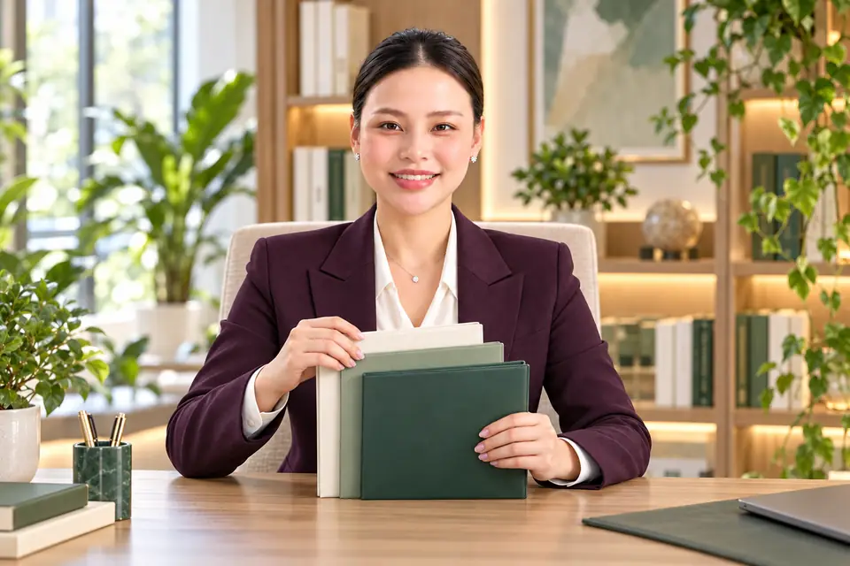 Hương Ly mặc áo vest màu mận, chính diện đầu thẳng khi xếp ba bìa tài liệu