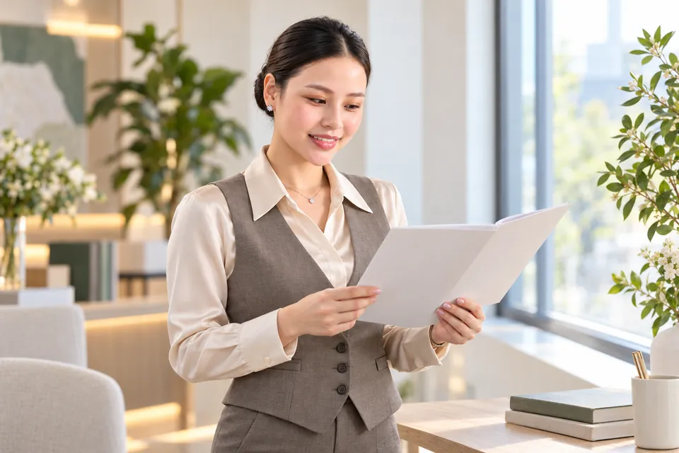 Hương Ly mặc áo champagne và ghi lê nâu, nhìn nghiêng nhẹ vào tài liệu