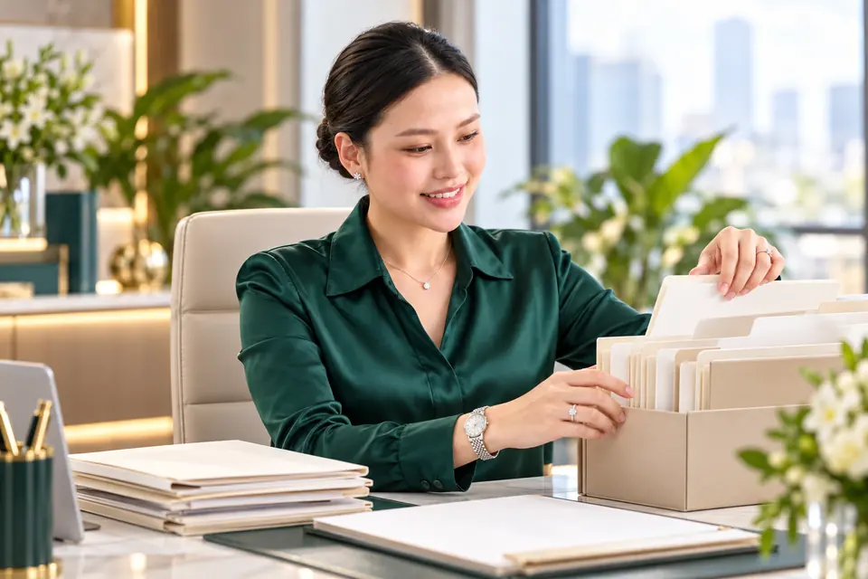 Hương Ly sắp xếp các thư mục hồ sơ