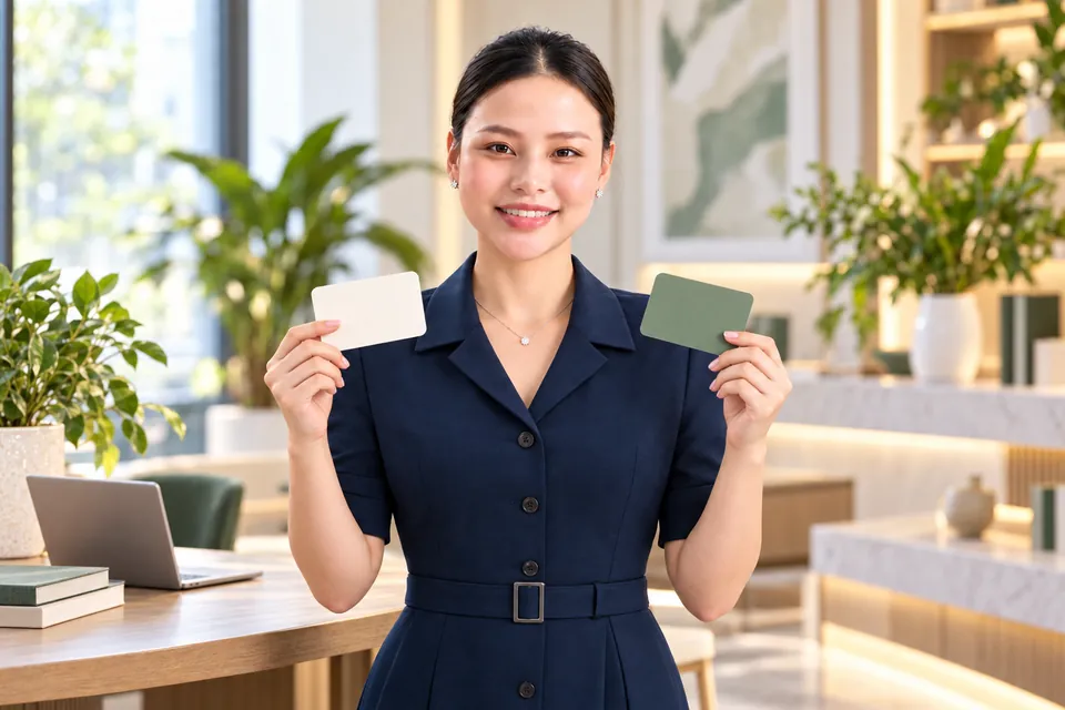 Hương Ly mặc váy xanh navy, mặt chính diện đầu thẳng bên hai thẻ vai trò