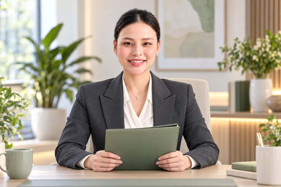 Hương Ly trong bộ vest xám, nhìn thẳng và cầm thư mục hồ sơ