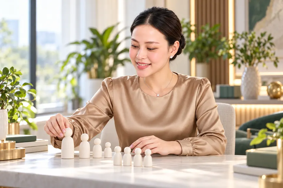 Hương Ly mặc áo nâu caramel, mặt hướng trái khi xếp các quân gỗ mô phỏng hình người trên bàn