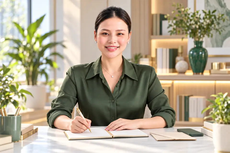 Hương Ly mặc sơ mi xanh ô liu, mặt chính diện thẳng bên cuốn sổ thanh toán