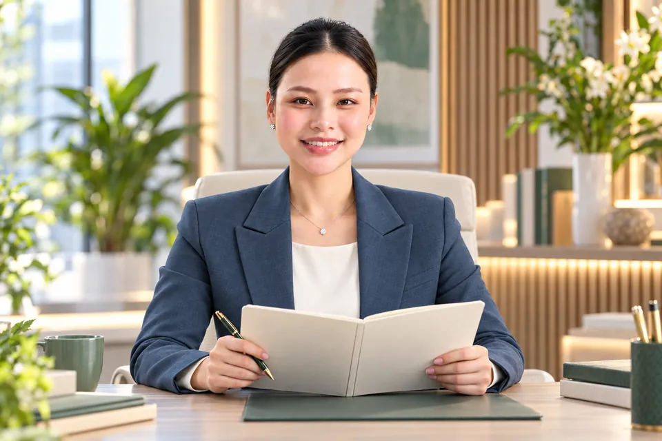 Hương Ly mặc vest màu xám xanh, góc chính diện đầu thẳng bên sổ so sánh
