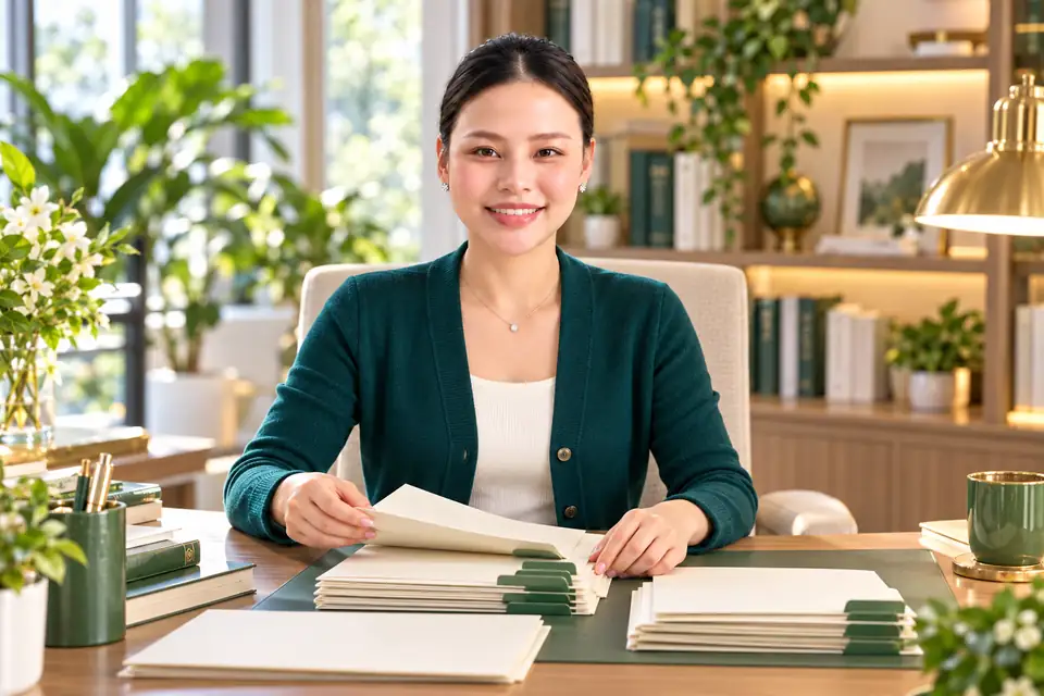 Hương Ly mặc cardigan xanh ngọc, mặt chính diện từ góc máy cao bên tài liệu