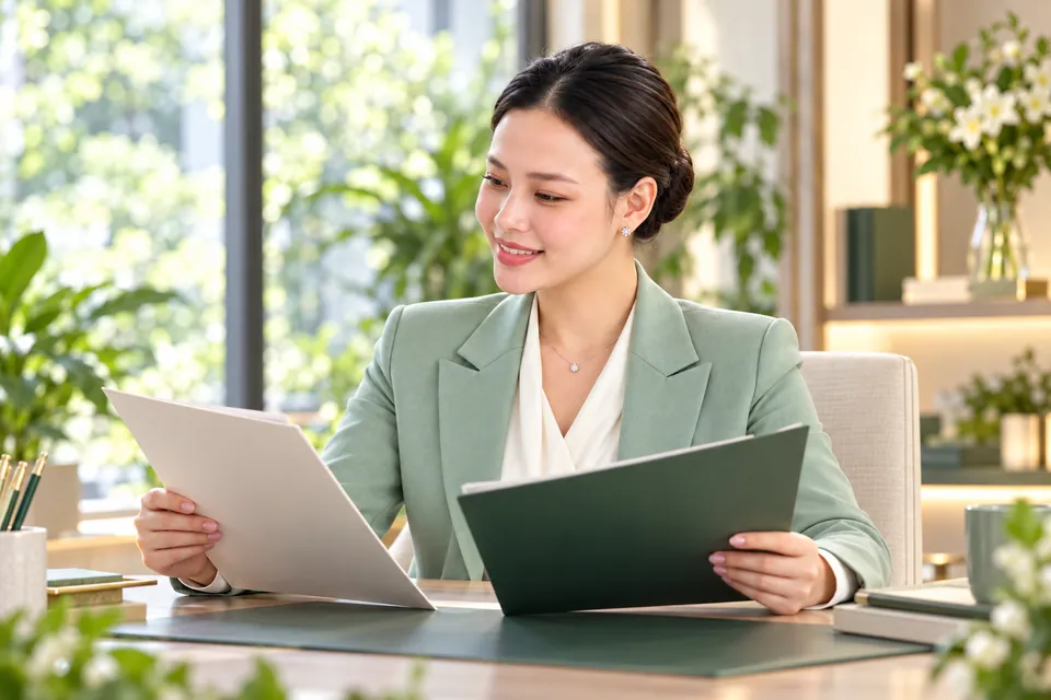 Hương Ly mặc vest xanh bạc hà, mặt hướng trái bên hai bìa ghi chú