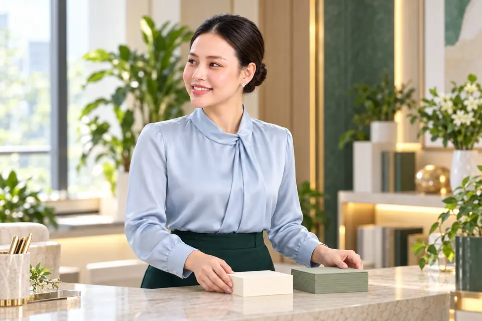 Hương Ly mặc áo xanh lam, mặt hướng trái khi đặt hai bộ thẻ trên bàn
